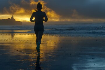 Fototapeta premium Runner enjoys a sunset jog along the ocean beach