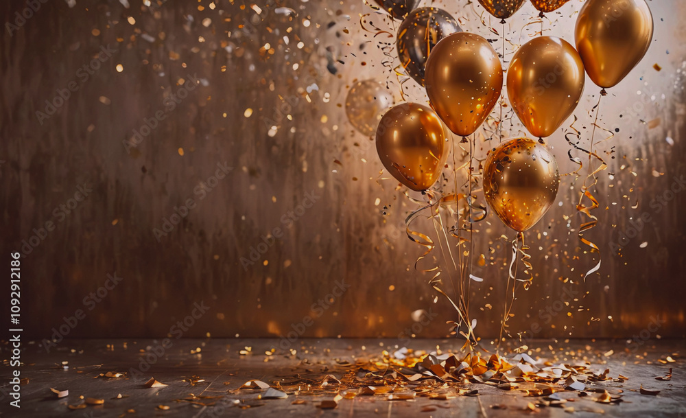 Poster bunch of gold balloons are floating in the air. there are many balloons in the air, and they are sca
