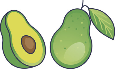 Illustration of a whole avocado with leaf and a cut half showing the seed.