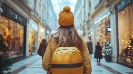 A woman carrying a yellow backpack strolls through a festive shopping street adorned with colorful Christmas decorations and lights, embodying the holiday spirit.