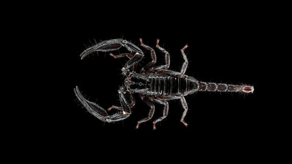Scorpion Heterometrus longimanus, family Scorpionidae. Stealthy nocturnal creatures that spend daylight hours hiding under rocks or fallen tree trunks