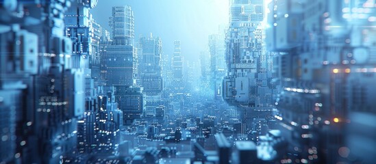 Fototapeta premium Futuristic Cityscape with Glowing Lights and a Blue Hue