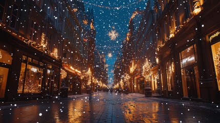A festive snowy night in a city street adorned with twinkling Christmas lights and charming buildings, creating a magical holiday atmosphere.