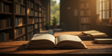 Fototapeta premium Open Book on Wooden Table in Library Sunlit Reading Knowledge Education