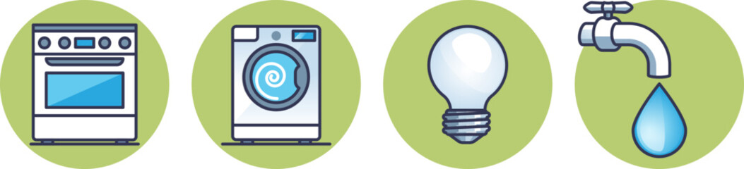 Icons of oven, washing machine, light bulb, and water tap symbolize home utilities and energy use.