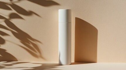 Minimalist White Bottle with Soft Shadows Against a Beige Background Highlighting Simple Design and Natural Elements for Cosmetic or Personal Care Use