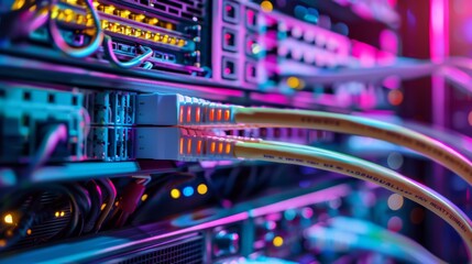 Fototapeta premium Detailed view of network servers with cables and flashing lights in a data center