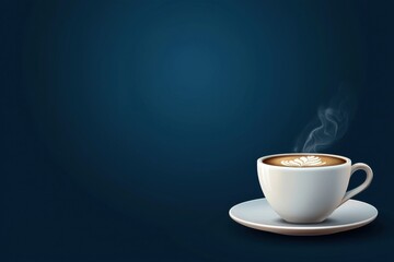 A steaming cup of coffee on a dark blue background, exuding warmth and inviting comfort.