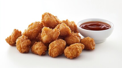 A pile of crispy fried chicken pieces served with a small bowl of dipping sauce.