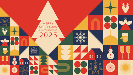 Christmas Greetings Banner with Modern Geometric Pattern. Retro Icons. Colourful New Year Christmas Illustrations. Horizontal Vector Background