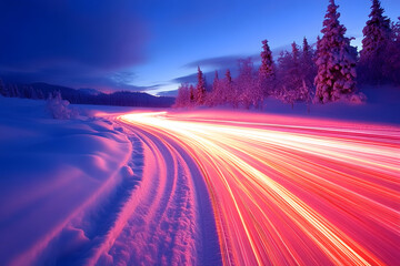  Leuchtende Lichtspuren in verschneiter Winterlandschaft bei Dämmerung