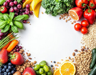 egan high dietary fibre and immune boosting health food with fruit, vegetables, whole wheat pasta, legumes, cereals, nuts and seeds with foods high in omega 3, antioxidants, anthocyanins, vitamins.