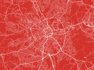 Christmas Map of Bradford, United Kingdom in Snowy White on Festive Red Background.