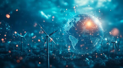 A digital representation of Earth surrounded by wind turbines, symbolizing renewable energy.