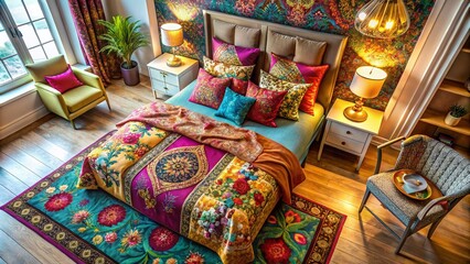 Fototapeta premium Modern Interior Design Mockup Featuring Stylish Beds with Colorful Bedclothes in Top Plan View - Perfect for Showcasing Bedroom Decor and Trends