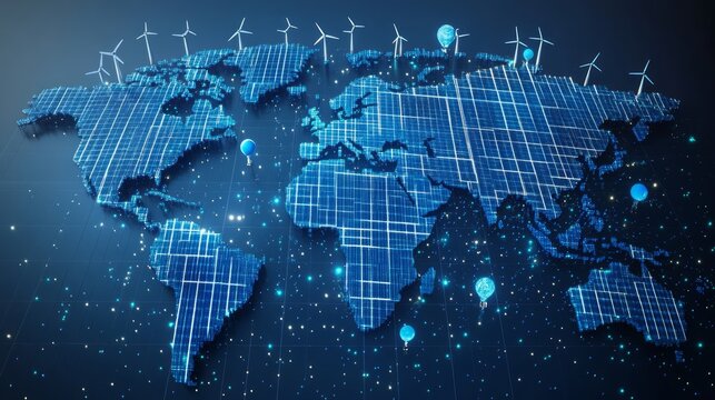 A digital world map showcasing renewable energy sources like wind and solar.