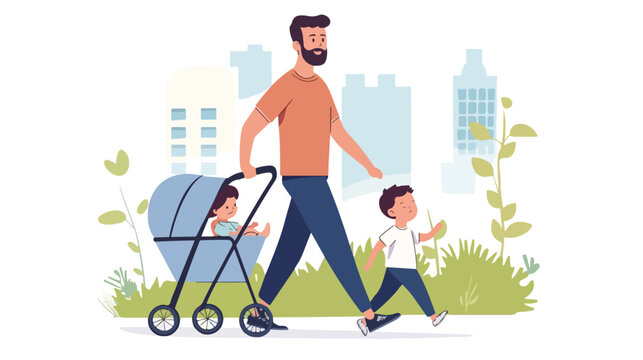 Happy Father with Baby Walking Carefully with Stroller