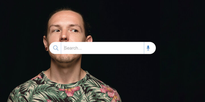 Man with search bar graphic over his mouth, symbolizing digital censorship and the restriction of online voices. Web control. Concept of human rights, social issues, freedom, censorship