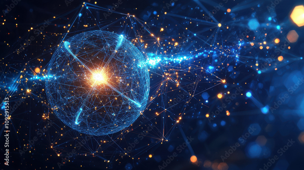 Poster glowing atomic icon with dynamic light orbits, representing energy and science. this vibrant image s