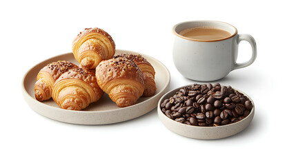 A freshly roasted coffee beans jar placed beside a plate of croissants and Danish pastries, with a warm cup of coffee in the background 