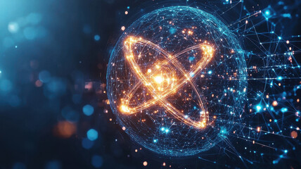 Naklejka premium Abstract cosmic atom icon glowing with bright light, representing energy and connection in digital universe. stunning visual of atomic structure and technology