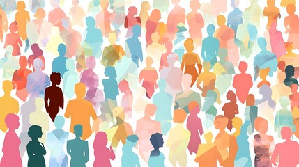 Abstract colorful crowd of people silhouettes, diverse and varied, many figures, walking, standing together, various ages and gender, vibrant pastel shades.