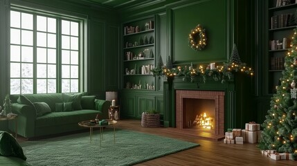 Cozy living room featuring a green couch, a warm fireplace, and a beautifully decorated Christmas tree, creating a festive atmosphere for the holiday season.