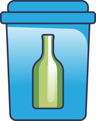 Illustration of a blue recycling bin with a green glass bottle, symbolizing glass recycling.