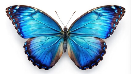Fototapeta premium Aerial perspective of Morpho butterfly wings on a white backdrop, showcasing exquisite patterns and vivid colors, captured through an architectural photography lens.