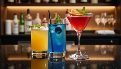 Bar scene featuring various colorful cocktails and bubbling beverages