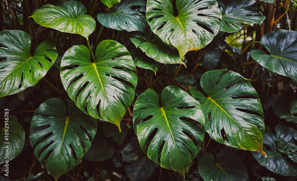 Poster cluster of large, green leaves with a yellow center is visible. the leaves are large and have a dist