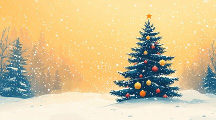 Fototapeta premium Green Christmas tree on yellow orange background, banner with copy space