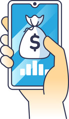 Hand holding smartphone with digital money symbol, representing mobile finance.