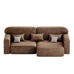 A brown couch with pillows and a brown ottoman