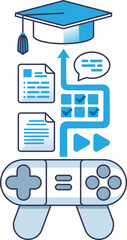 Game controller, graduation cap, documents, and speech bubble symbolize interactive e-learning.