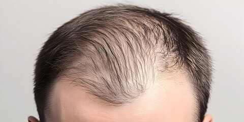 Obraz premium Close-up head of a young man suffering from baldness, alopecia. Serious hair loss. Hair transplant. Place for text. Concept of male pattern baldness.