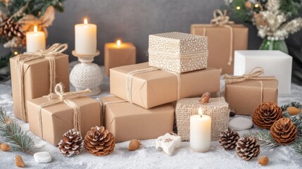 Wrapped Christmas presents in rustic brown paper adorned with twine, creating a cozy holiday atmosphere filled with anticipation and joy.