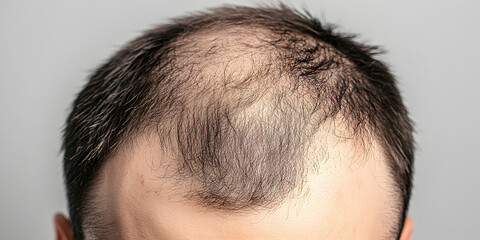 Obraz premium Close-up head of a young man suffering from baldness, alopecia. Serious hair loss. Hair transplant. Place for text. Concept of male pattern baldness.