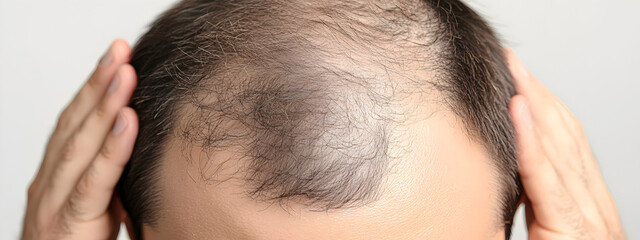 Fototapeta premium Close-up head of a young man suffering from baldness, alopecia. Serious hair loss. Hair transplant. Place for text. Concept of male pattern baldness.