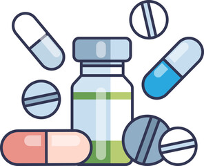Illustration of pills and a medicine bottle, symbolizing healthcare and treatment.