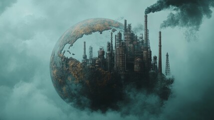 A surreal depiction of an industrial landscape emerging from a planet, surrounded by smoke and fog.