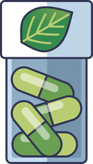 Illustration of a supplement bottle with green capsules and a leaf, symbolizing natural health products.