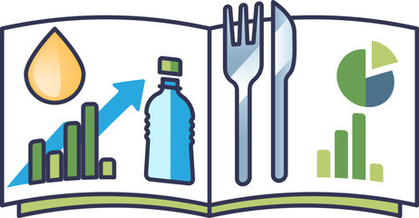 Illustration of nutrition growth with charts, water bottle, and utensils.