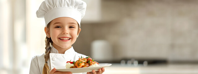 Adorable little girl in chef's cap and tunic smiles while holding a plate of food in a bright kitchen, space for text. Career choice. Concept children cooking.
