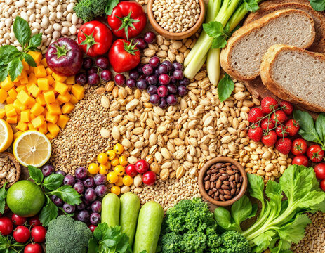 Healthy high fibre diet food concept with legumes, fruit, vegetables, wholegrain bread, cereals, grains, nuts and seeds. Super foods high in antioxidants, anthocyanins, omega 3 and vitamins. Top view.