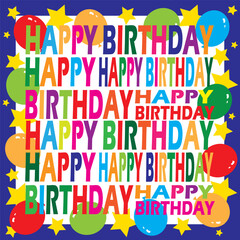 Birthday card design with colorful text and balloons
