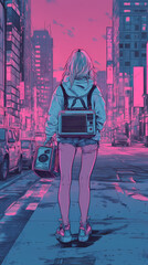 Retro Anime Manga Illustration of a Cute Girl with Boombox and 90s Vibes