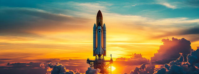 Space rocket on launch pad, panoramic shot of sky and setting sun in background, space for text. Concept of a flight into space.