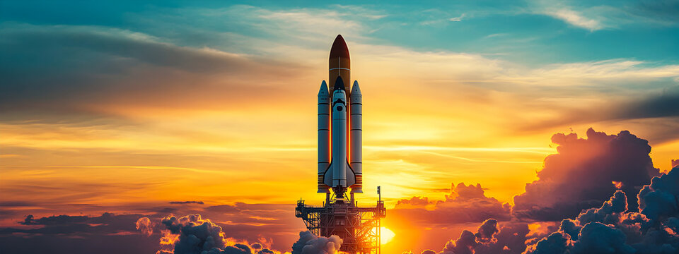 Space rocket on launch pad, panoramic shot of sky and setting sun in background, space for text. Concept of a flight into space.