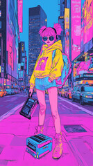 Retro Anime Manga Illustration of a Cute Girl with Boombox and 90s Vibes